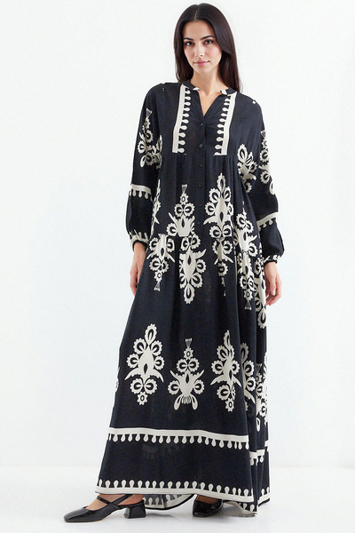 Merterium Women's Patterned Hijab Dress Z.Black 1010