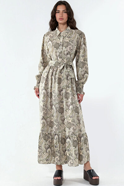 Merterium Women's Belted Hijab Dress 1511 - Beige