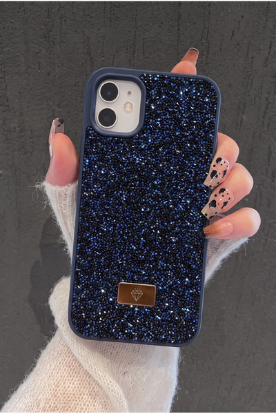 KVK PRİVACY iPhone 12 / 12 Pro Uyumlu – Elmas Tasarımlı, Lacivert Taşlı, Işıl...