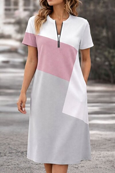 Modayakamoz Γυναικείο κοντομάνικο φόρεμα με φερμουάρ στο λαιμό και σχέδιο, κο...