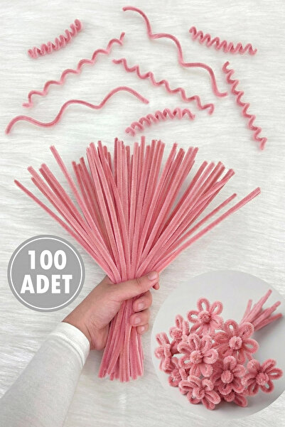 ZEYMERADE Pudra Pembe Şönil 30cm, 100 Adet Tüylü Kadife Tel Peluş, El İşi, Çi...