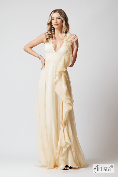 Artista Κομψό κρεμ φόρεμα με βολάν και λαιμόκοψη V