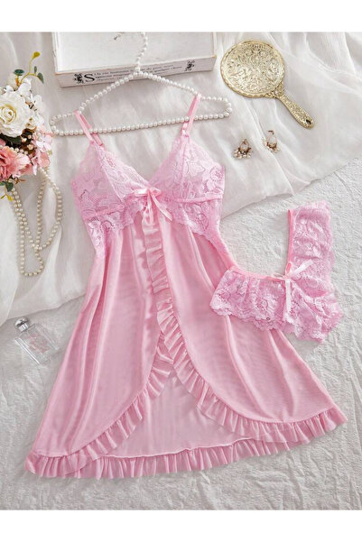 VALSIGNAD Γυναικείο ρομαντικό ροζ δαντελένιο νυχτικό από λύκρα με λεπτομέρειε...