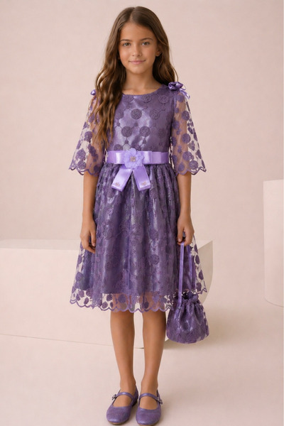 FESSHERA KİDS Κοριτσίστικο βραδινό φόρεμα με δαντέλα και τσάντα, για ειδική π...