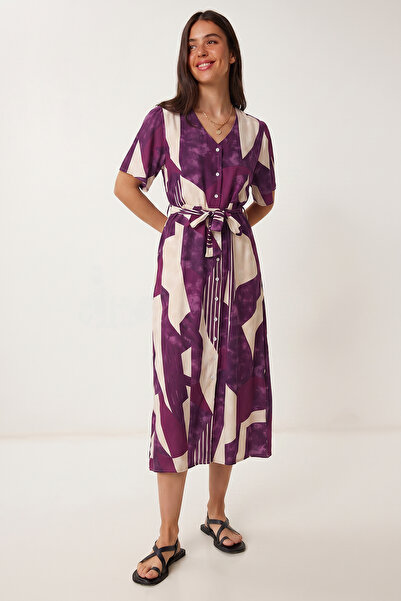 Lovelyİstanbul Φόρεμα πουκάμισο με σχέδια και ζώνη από βισκόζη LRN0046 ΜΩΒ ΚΟ...