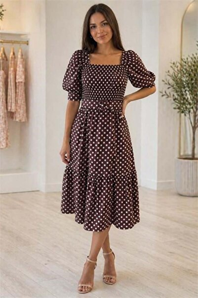 Dipmoda Women's Brown Polka Dot Pattern Square Neck Balloon Sleeve Midi Dress...