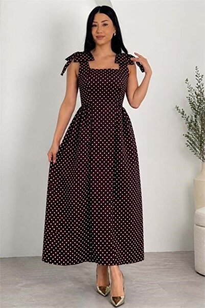 Dipmoda Women's Brown Shoulder Bow Detailed Square Neck Thick Strap Midi Dres...