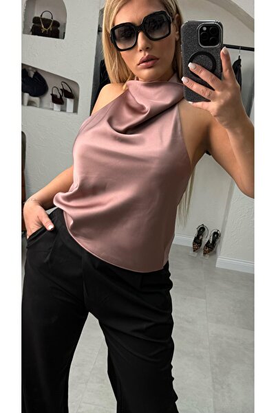 liya butik Gül Kurusu Halter Yaka Saten Bluz