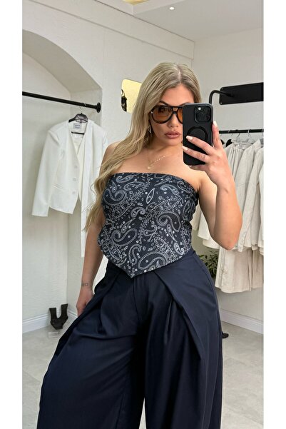 liya butik Lacivert Şal Desen Straplez Bluz