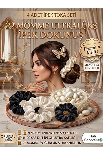 ZAVO %100 Saf Dut İpeği 4’lü Toka Seti - 22 Momme Ultra Lüks İpek Lastik Toka...