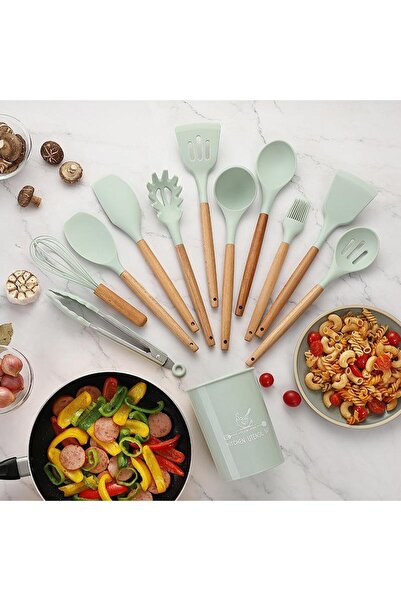 GALORWAY Set 12 ustensile de bucatarie din silicon si maner din lemn. Verde d...
