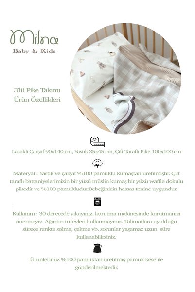 MİLNA BABY&KİDS 3-Piece Pique Set 100% Cotton Muslin Soft Baby Set 90X140Cm Bed Sheet, Pillowcase, Double-Sided Blanket