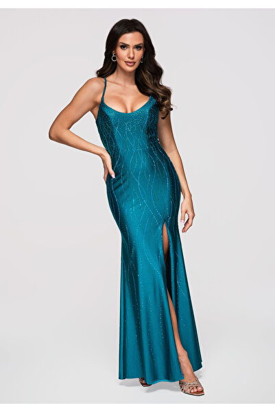 Larica Γυναικείο μάξι βραδινό φόρεμα με σκίσιμο LA-OM-DLR355 Τιρκουάζ