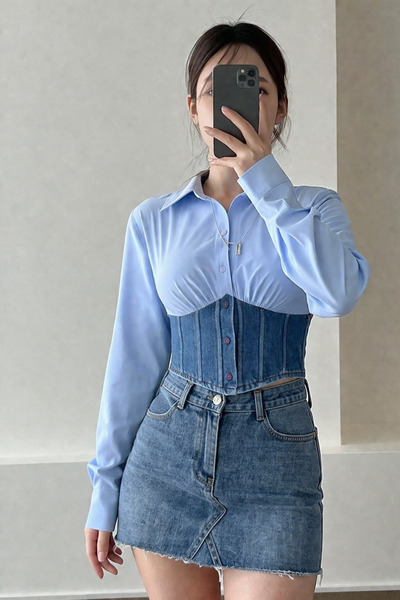BLUE STREET Kadın Gömlek Denim Korse Detaylı – Şık ve Trend Tasarım