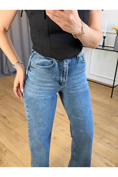 Mavi Kesik Paça Wide Leg