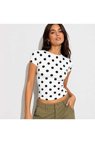 vanilkie Kadın Puantiye Desenli Kısa Kollu T-shirt