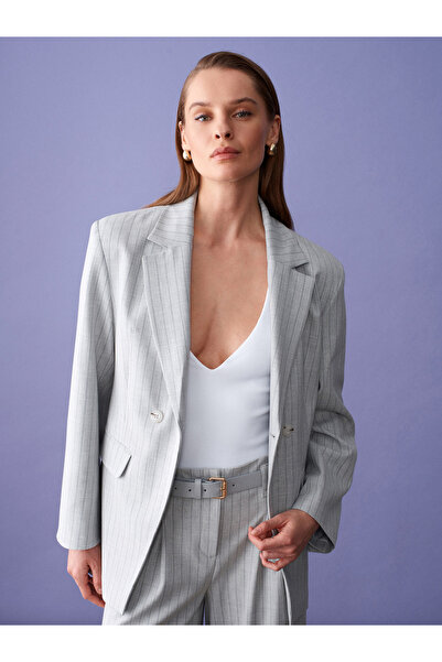 Dilvin 60803 Λεπτομερές μπλέιζερ με πλαϊνά κουμπιά-Γκρι