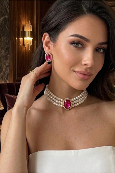 Happyline Oval Fuşya Taşlı Choker Kolye Küpe Takım Tasma Kolye Cam İncili Gol...