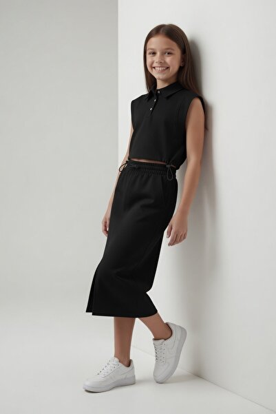 Cansın Mini Μαύρο Σετ Κοριτσίστικο με Κοντομάνικο Τοπ και Φούστα με Σχιστό Τε...