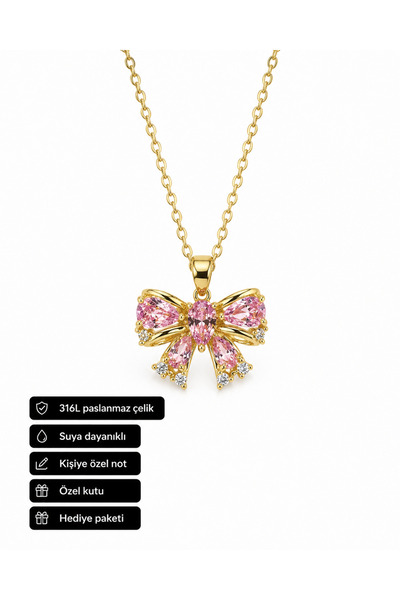 HER ŞEY NOTA www.herseynota.com Pink Stone Butterfly Figured 316L Steel Neckl...