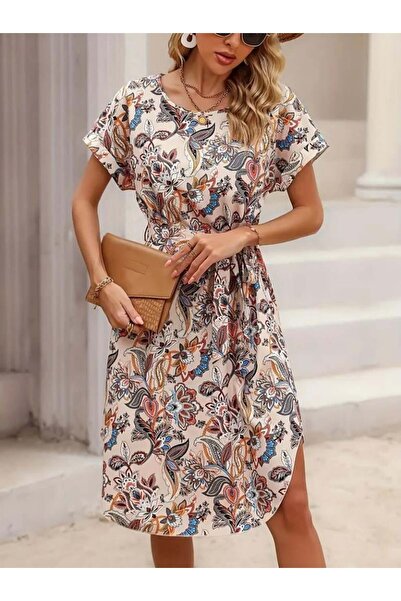 Kokosh moda Women's Belted Short Sleeve Crew Neck Patterned Crepe Dress