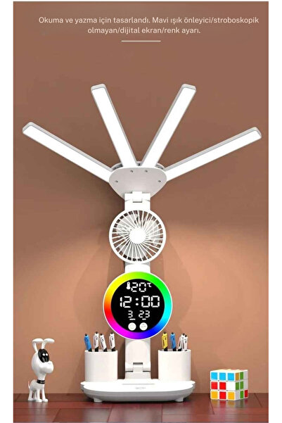 TechTic 4 Başlı Fanlı Şarjlı Masa Lambası LED Dijital Saat Ekranlı 3 Renk Göz...
