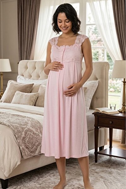 Pelin Women's Powder Strap Maternity Nightgown with Lace Detail