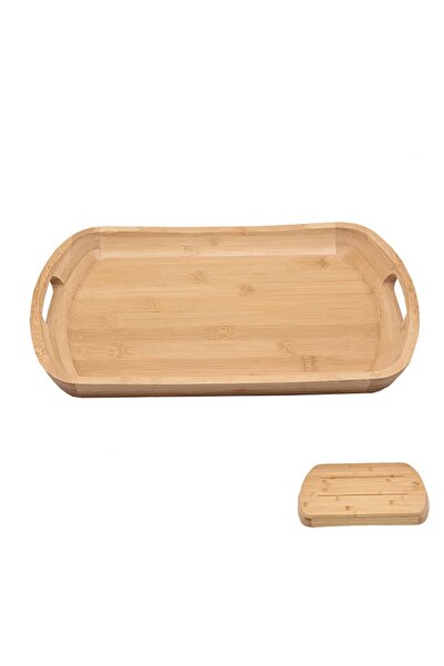 MİEN Bamboo Serving Tray - 38X24 cm - Natural Wooden Tray with Self-Handle