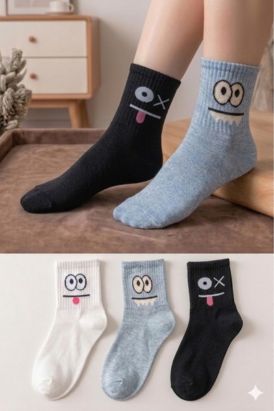 Socks Stores 3 Pairs of Emoji Patterned Unisex Colorful Socks Cotton Soft Tex...