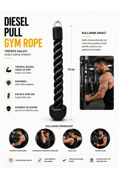 Diesel Fitness Diesel Pull Gym Rope Profesyonel Triceps Halatı Kablo Çekiş Ap...