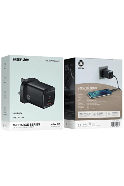 Green Lion G-Charge Series Dual Port Wall Charger 45 W UK Plug with 1 m USB-C to USB-C Cable, QC 3.0