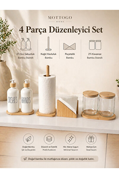 Mottogo 8 Parça Bambu Mutfak Düzenleyici Çeyiz Set Sabunluk Havluluk Peçeteli...