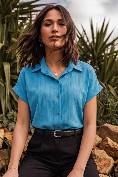 armonika Γυναικείο ανοιχτό μπλε κοντομάνικο πουκάμισο ARM-19Y001088