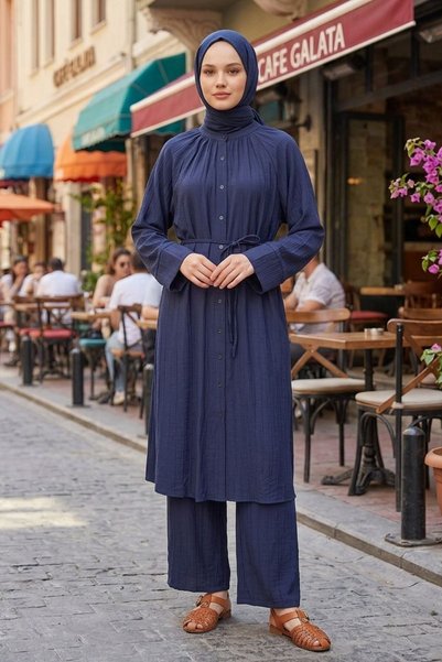 adamila Kadın Hakim Yaka Düğmeli Kolu Lastikli 120 CM Uzun Tunik Pantolon Rah...