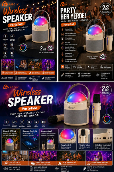 Vothoon PartyPod Bluetooth 5.3 Destekli Çok Fonksiyonlu Kablosuz Mikrofon Ve Hoparlör