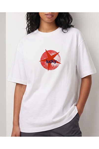 libukes White Oversize Lucky Star Printed Crew Neck T-Shirt