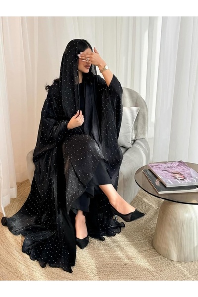 Classy She عباءة منقطة مزينة بالأحجار الكريمة مع فتحة أمامية، طقم من قطعتين ي...