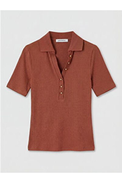 LC Waikiki New Season Brown Polo Collar Women's Ribbed T-Shirt