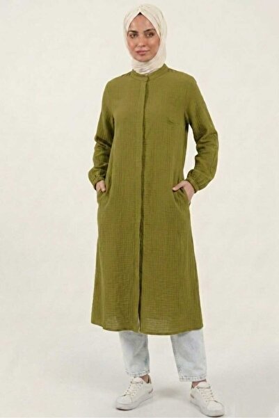 PORİENTO Oil Green 100% Cotton Muslin Fabric Zippered Long Hijab Women's Tuni...