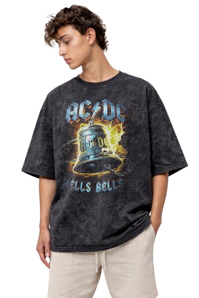 Fuddy Moda Unisex AC-DC Hells Bells Πλυμένο T-Shirt με στάμπα, Oversize Vinta...