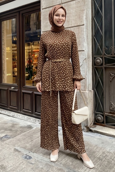 InStyle Σετ με φαρδύ παντελόνι, πουά, πλισέ σιφόν, σε χρώμα καφέ γάλακτος