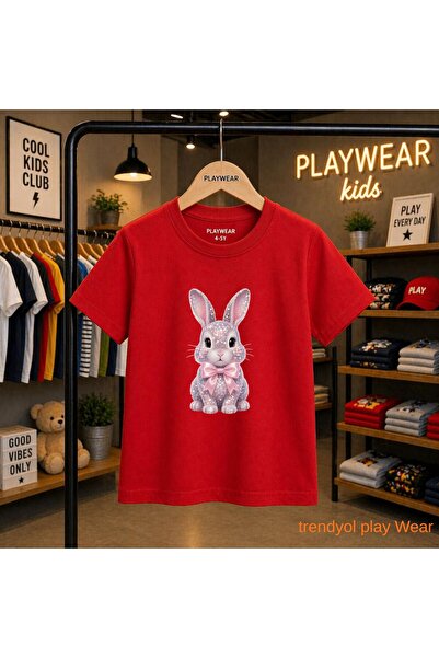 playwear Γυαλιστερό μπλουζάκι με στάμπα κουνελιού και ροζ κορδέλα, 100% παιδι...