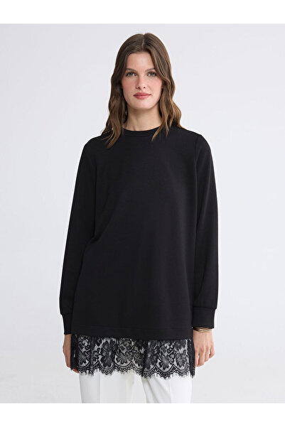 LC Waikiki LCW EVERYDAYSiyah Dantel Detaylı Kadın Sweatshirt Tunik