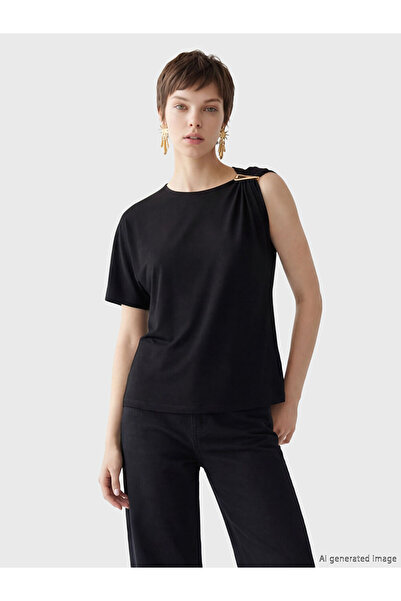 LC Waikiki Black Metal Appliqué Gathered Blouse