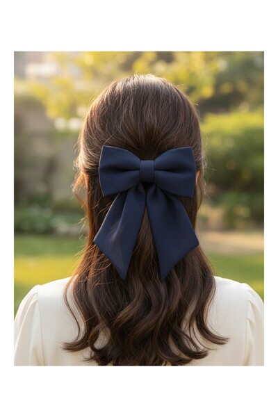 JZ MODA Navy Blue Chiffon Bow Automatic Clip-On Hairpin - Ribbon Hair Accesso...