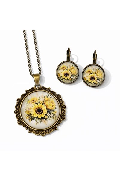 CrisArtDeco Σετ Κοσμημάτων Ηλιοτρόπιο: Κρεμαστό και Σκουλαρίκια, Μπρούτζινο