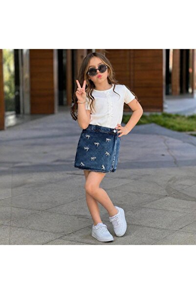 YİGİT BUTİK Κοριτσίστικο Σετ με Λευκή Μπλούζα & Τζιν Σορτς-Φούστα με Λεπτομέρ...