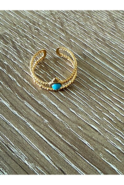 misstakıjewerly ÇELİK GOLD RENK TURKUAZ TAŞLI DESENLİ AYARLANABİLİR YÜZÜK