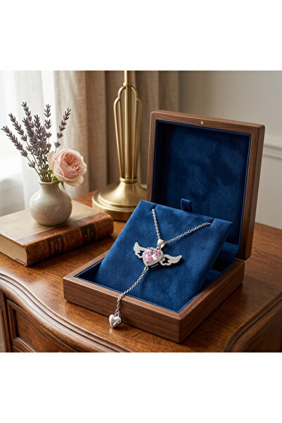 stainless steell Silver Color Pink Zircon Stone Heart Angel Wing Detailed Tar...