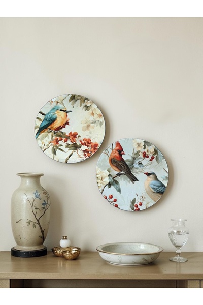 unique florya Dekoratif Duvar Tabağı 2’li set KUŞ ÇİÇEK DESENİ 26 cm El Yapım...